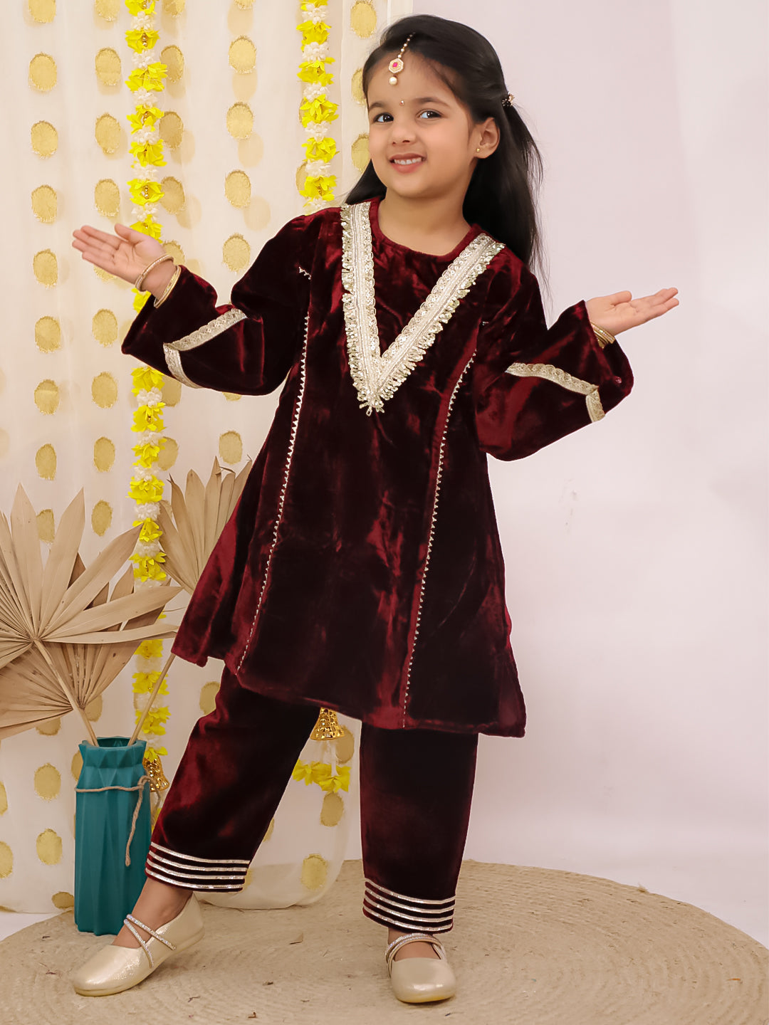 Maroon Velvet Full Sleeves Solid Girls Suit Set