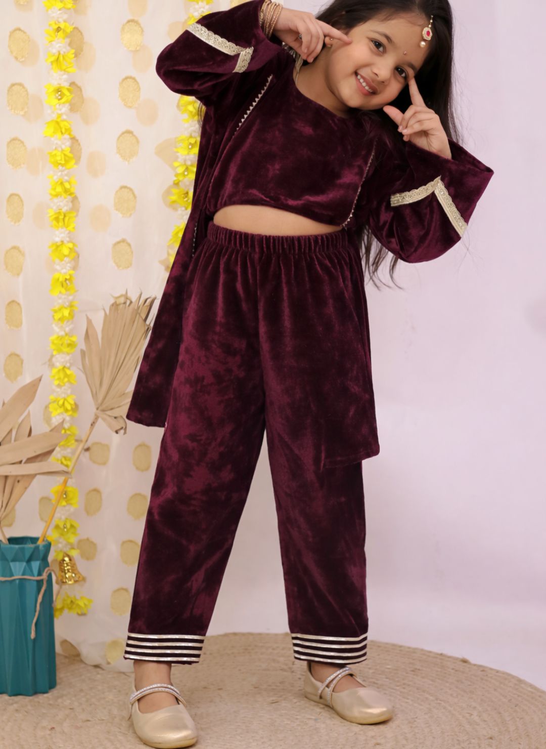 Purple Velvet Full Sleeves Solid Girls Suit Set