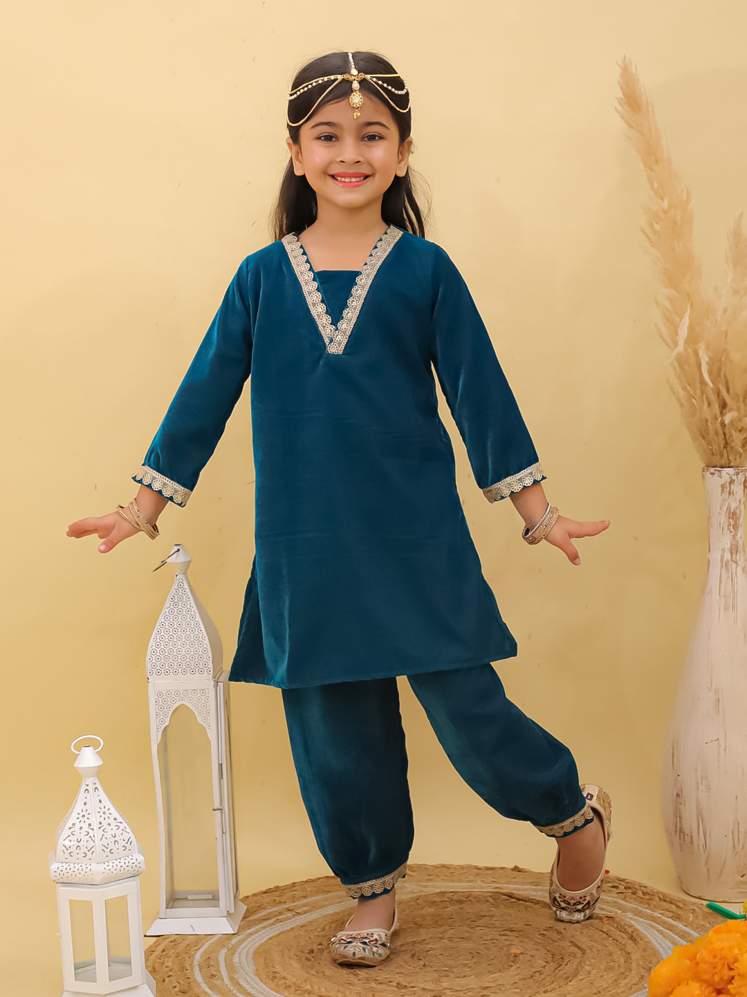 Turquoise Velvet 3/4th Sleeves Solid Girls Suit Set