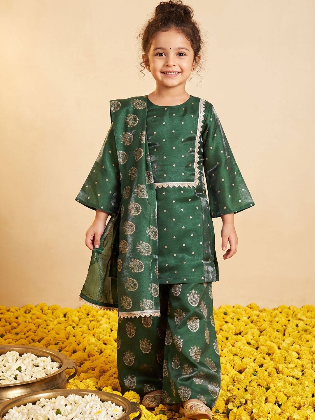Dark Green Polka Dots and Floral Print Silk blend Kurti Palazzo and Dupatta For Girls