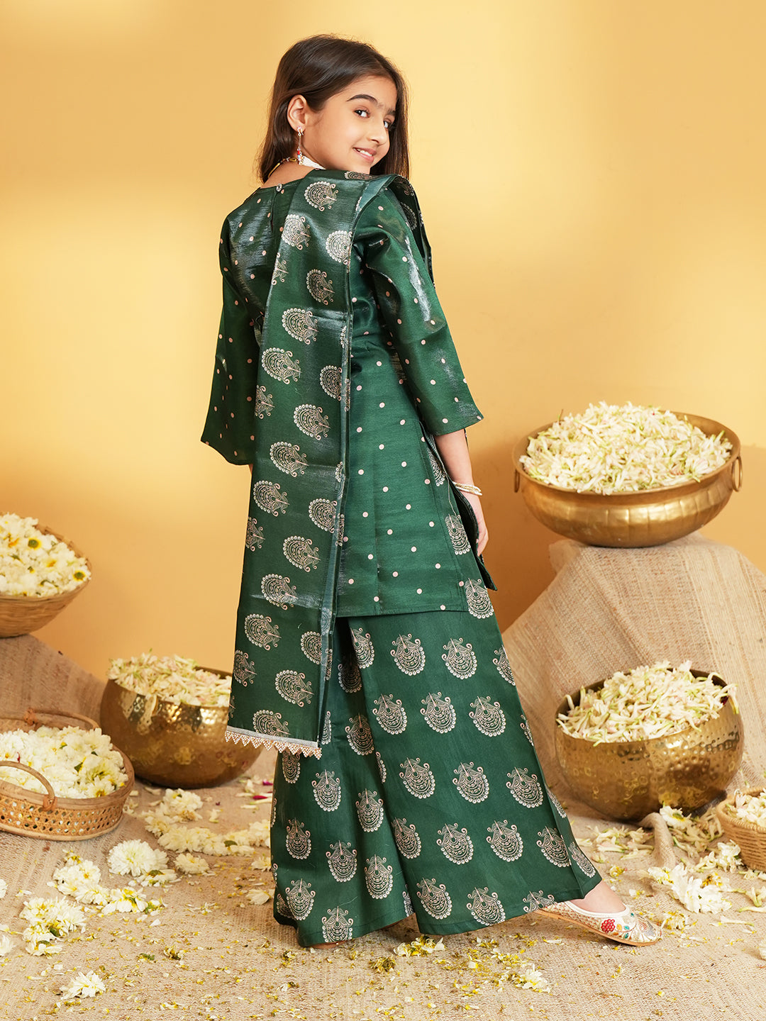 Dark Green Polka Dots and Floral Print Silk blend Kurti Palazzo and Dupatta For Girls