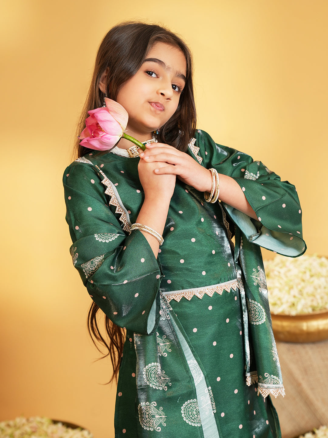 Dark Green Polka Dots and Floral Print Silk blend Kurti Palazzo and Dupatta For Girls