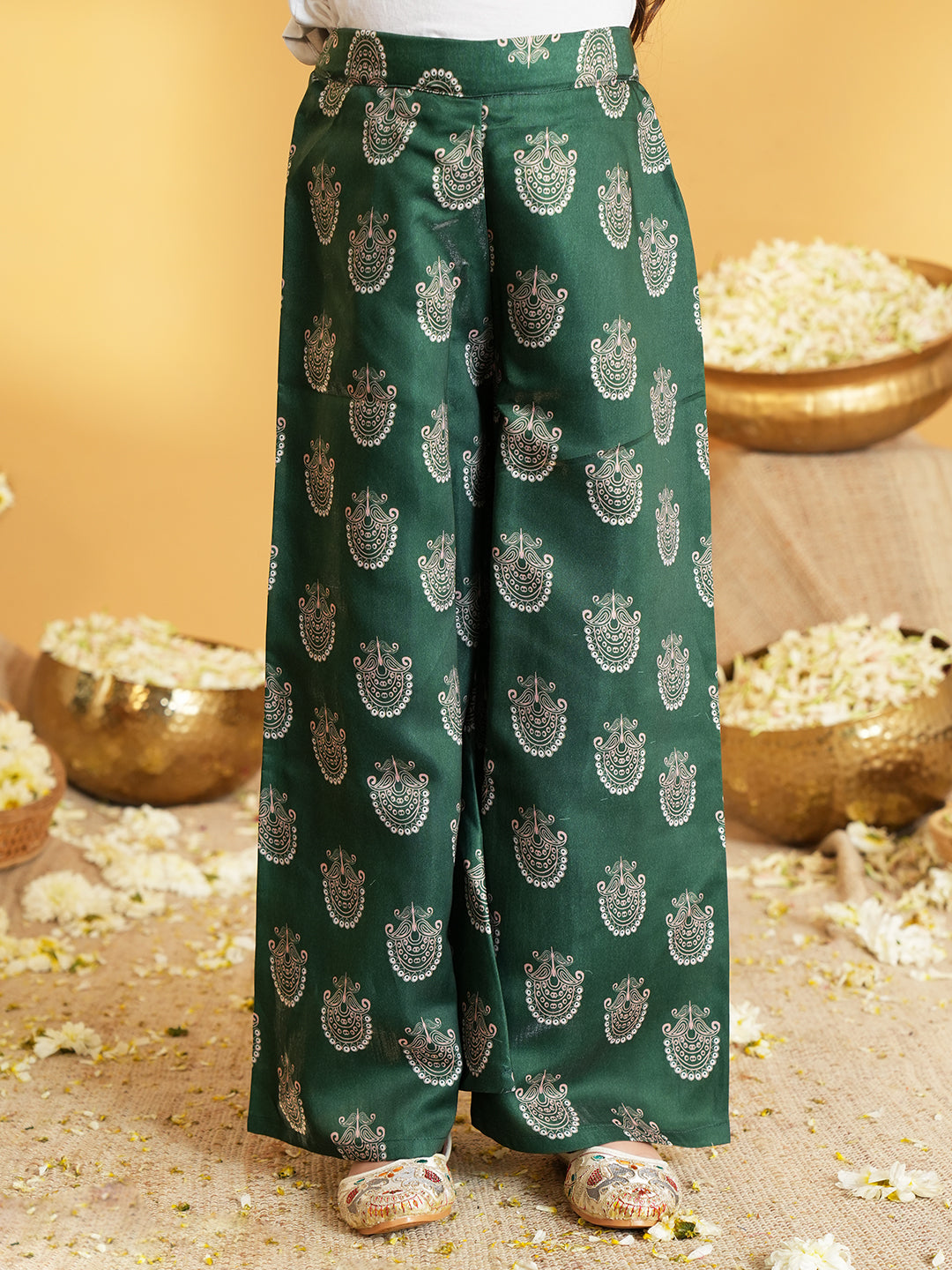 Dark Green Polka Dots and Floral Print Silk blend Kurti Palazzo and Dupatta For Girls