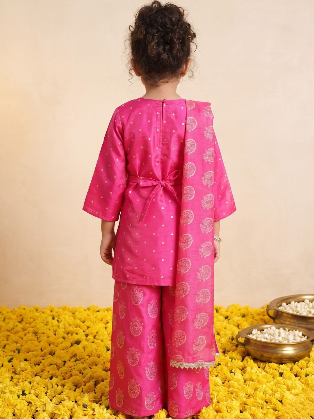 Pink Polka Dots and Floral Print Silk blend Kurti Palazzo and Dupatta For Girls