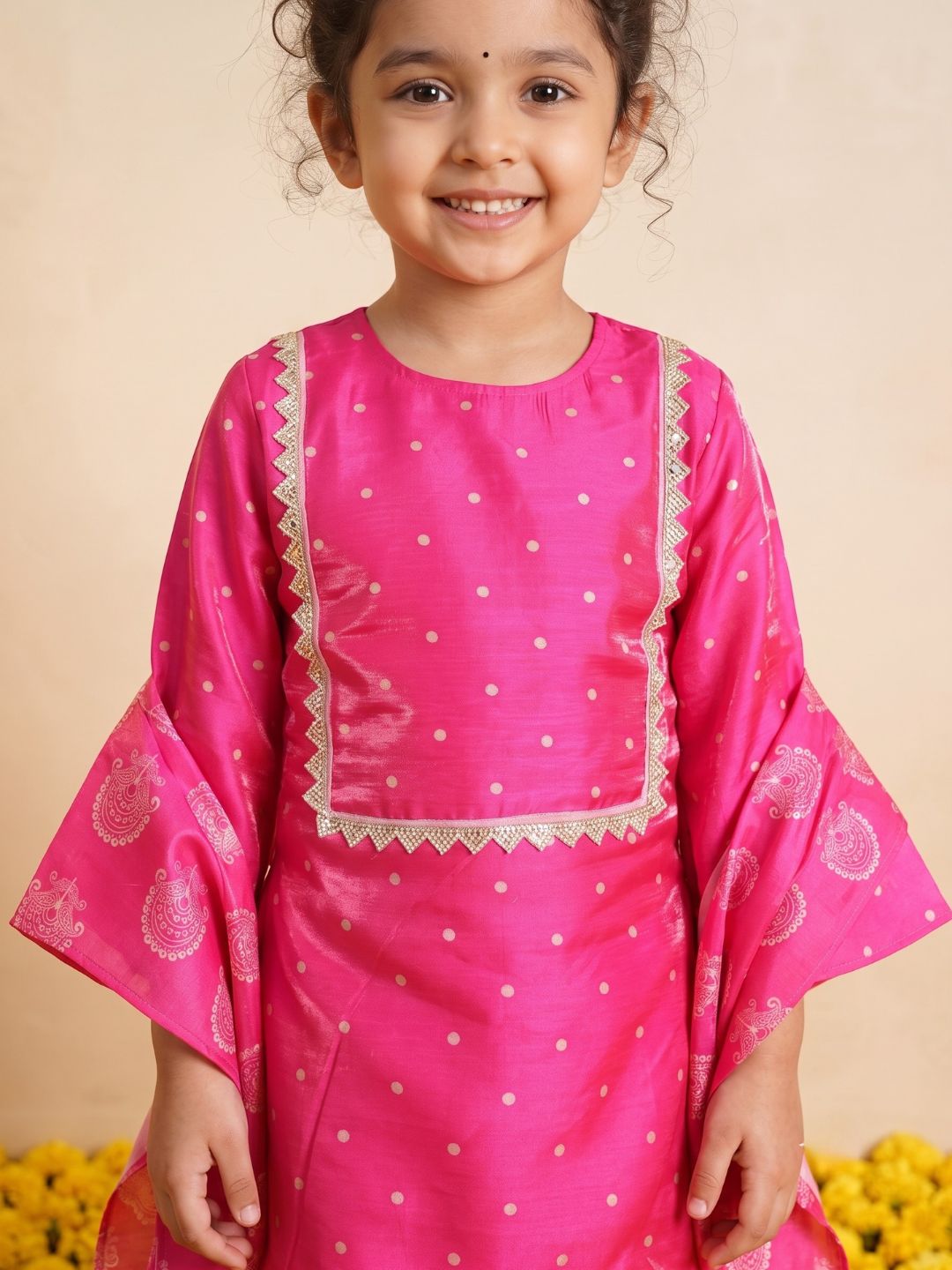 Pink Polka Dots and Floral Print Silk blend Kurti Palazzo and Dupatta For Girls