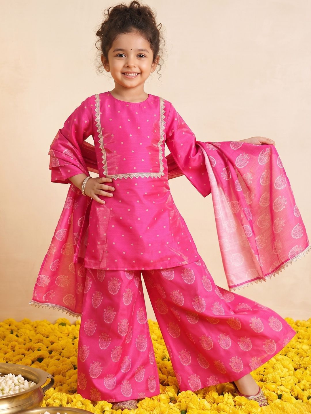 Pink Polka Dots and Floral Print Silk blend Kurti Palazzo and Dupatta For Girls