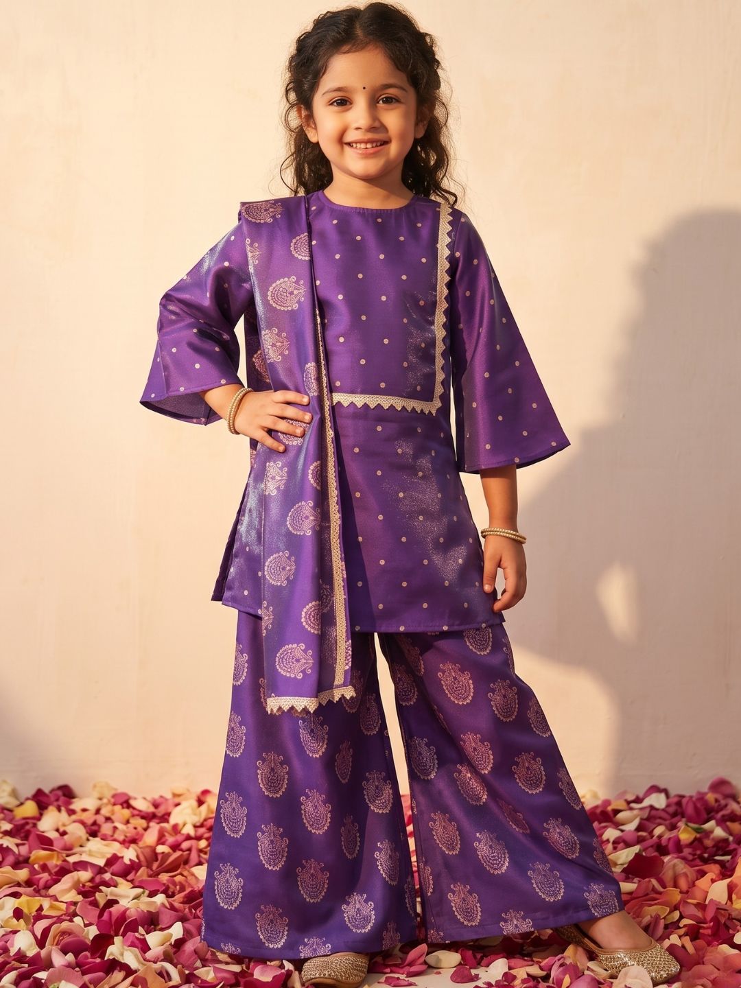Purple Polka Dots and Floral Print Silk blend Kurti Palazzo and Dupatta For Girls