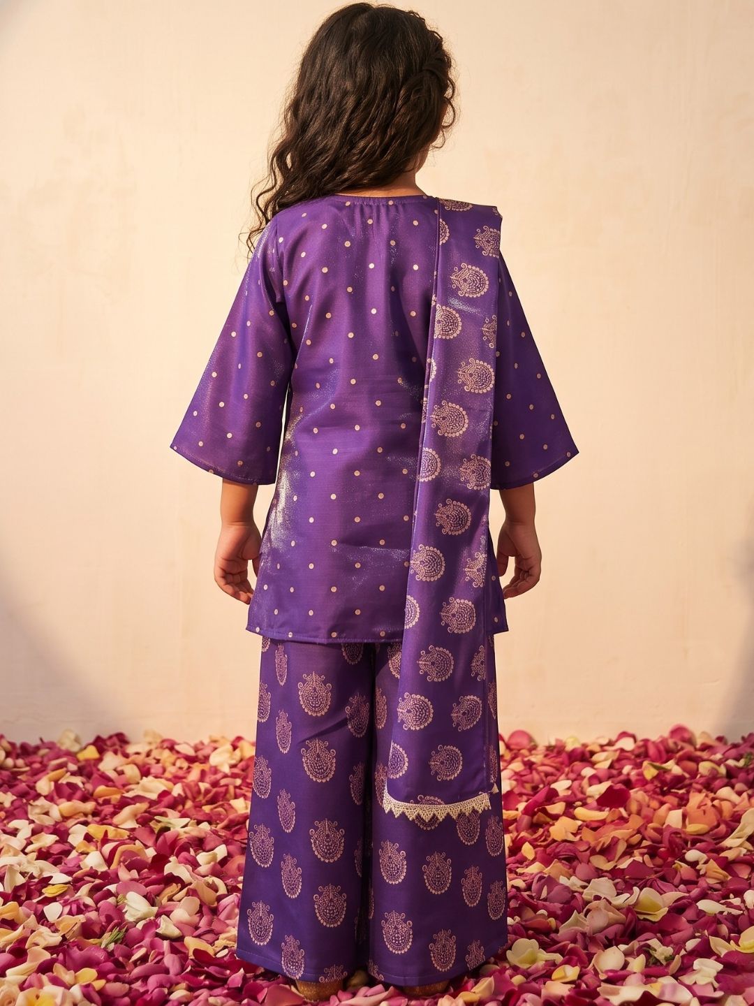 Purple Polka Dots and Floral Print Silk blend Kurti Palazzo and Dupatta For Girls