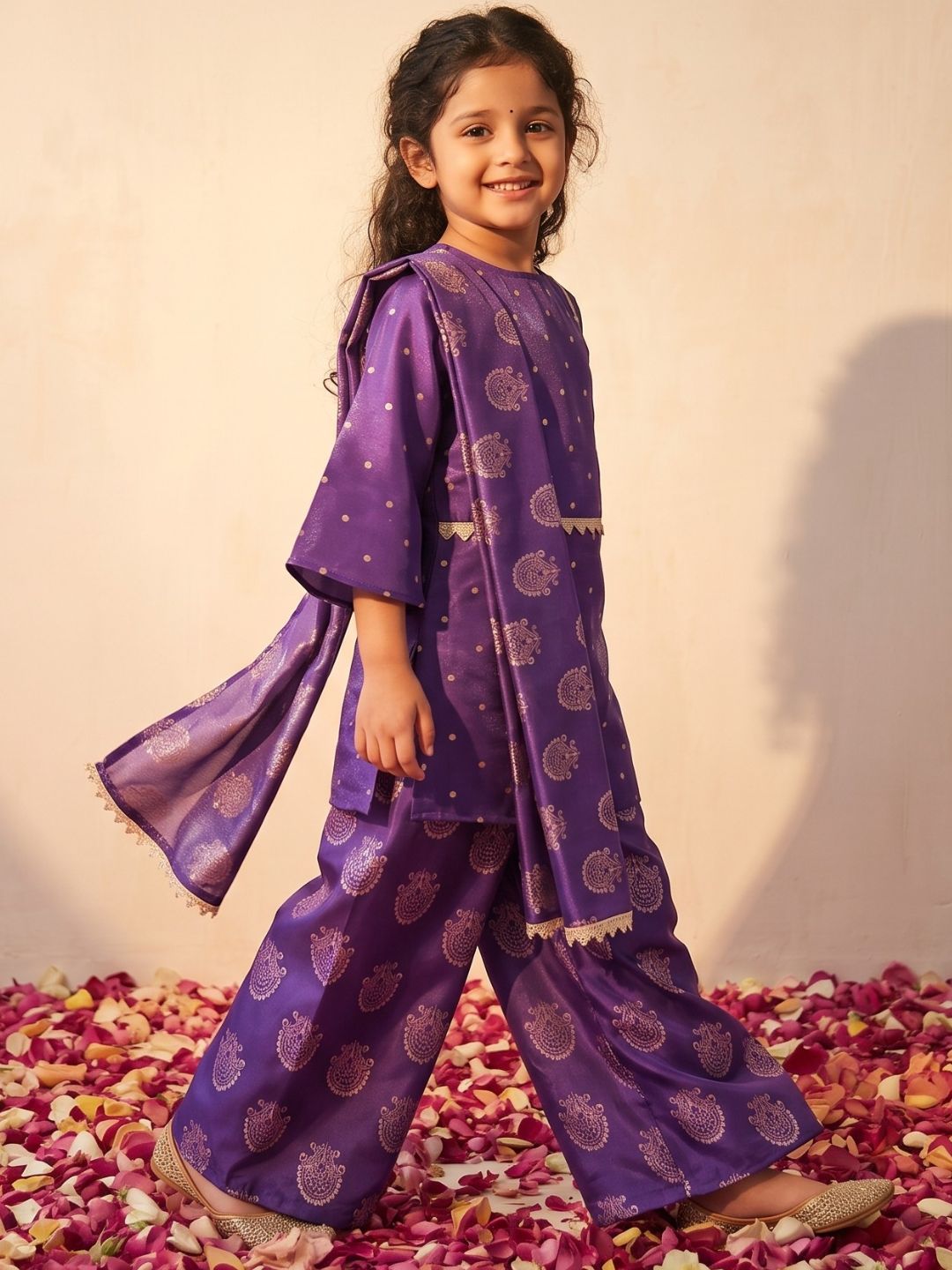 Purple Polka Dots and Floral Print Silk blend Kurti Palazzo and Dupatta For Girls