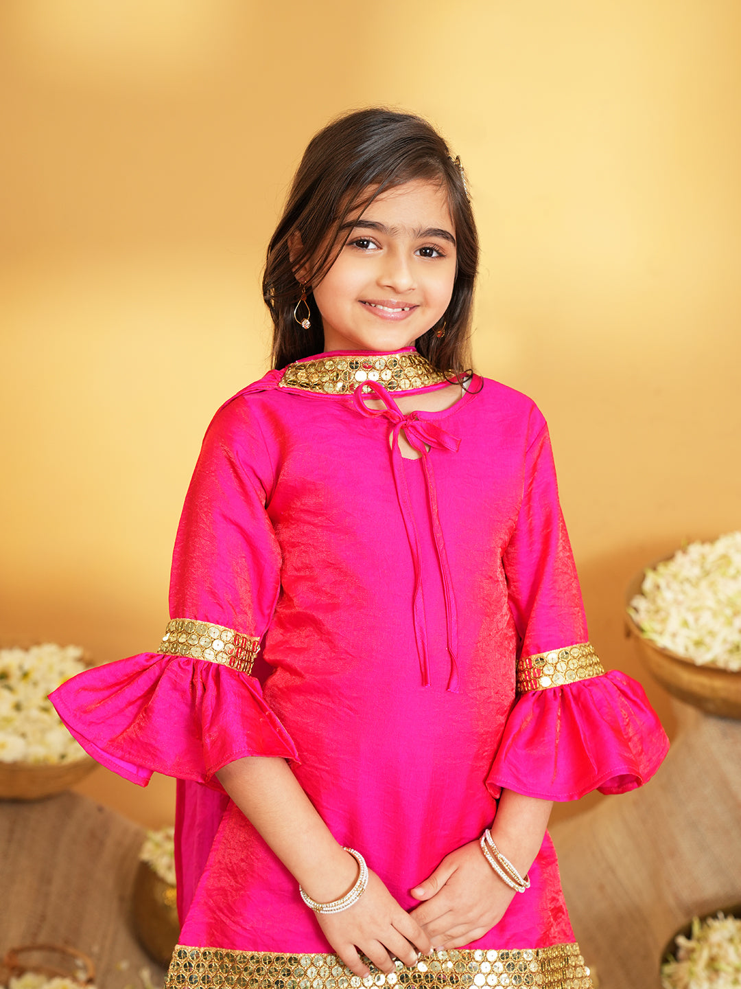 Pink Solid with Lace Work Silk blend Kurti Sharara and Dupatta For Girls
