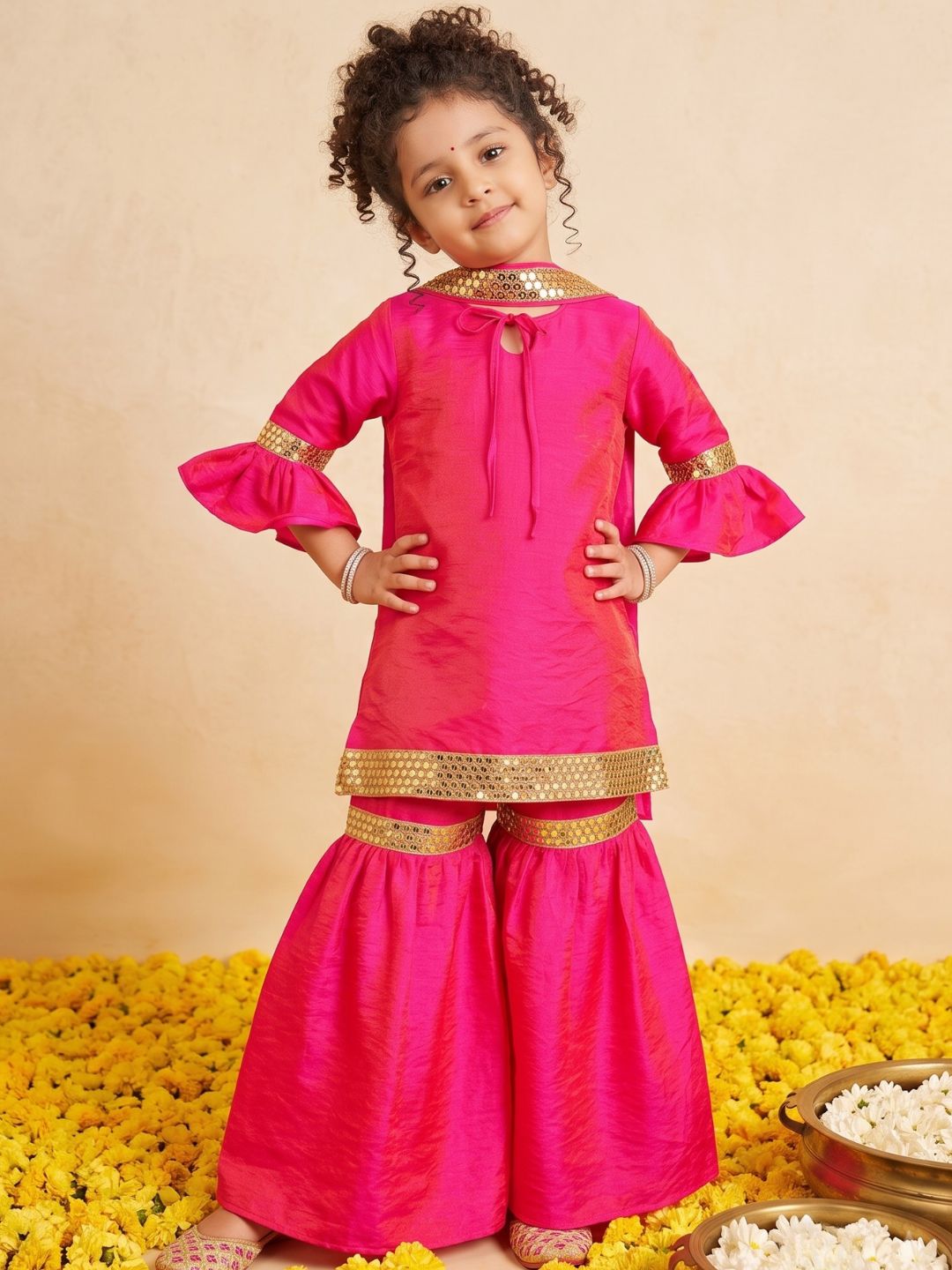 Pink Solid with Lace Work Silk blend Kurti Sharara and Dupatta For Girls