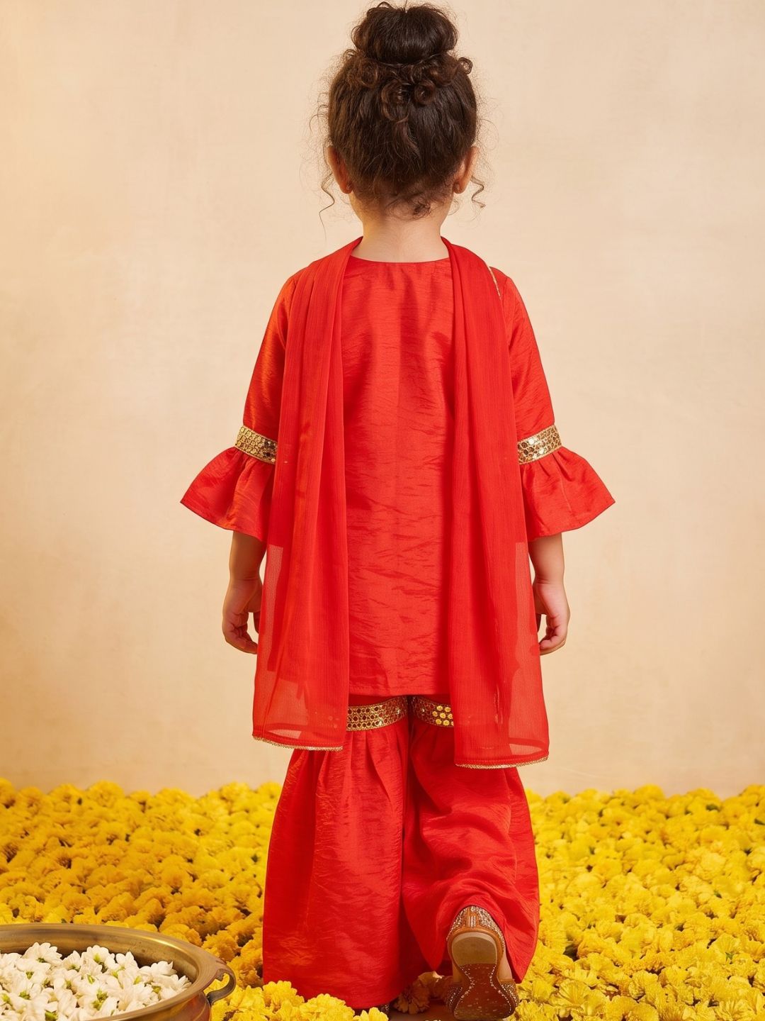 Red Solid with Lace Work Silk blend Kurti Sharara and Dupatta For Girls