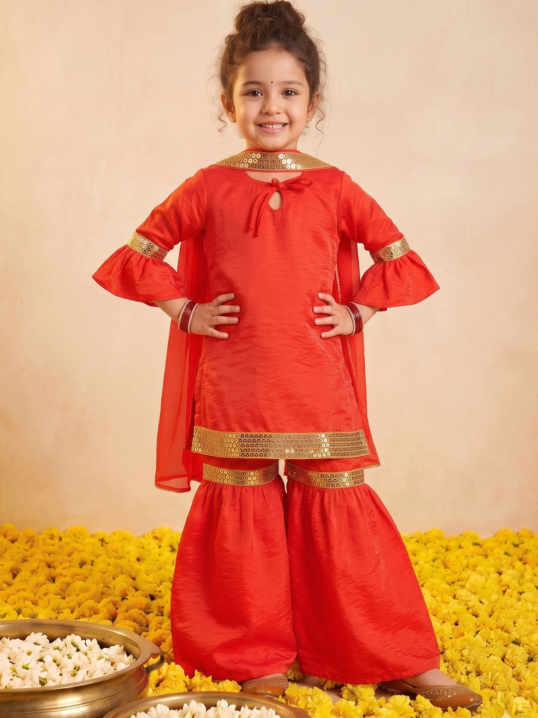 Red Solid with Lace Work Silk blend Kurti Sharara and Dupatta For Girls