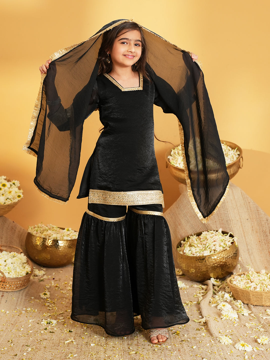 Black Solid with Lace Work Silk blend Kurti Gharara and Dupatta For Girls