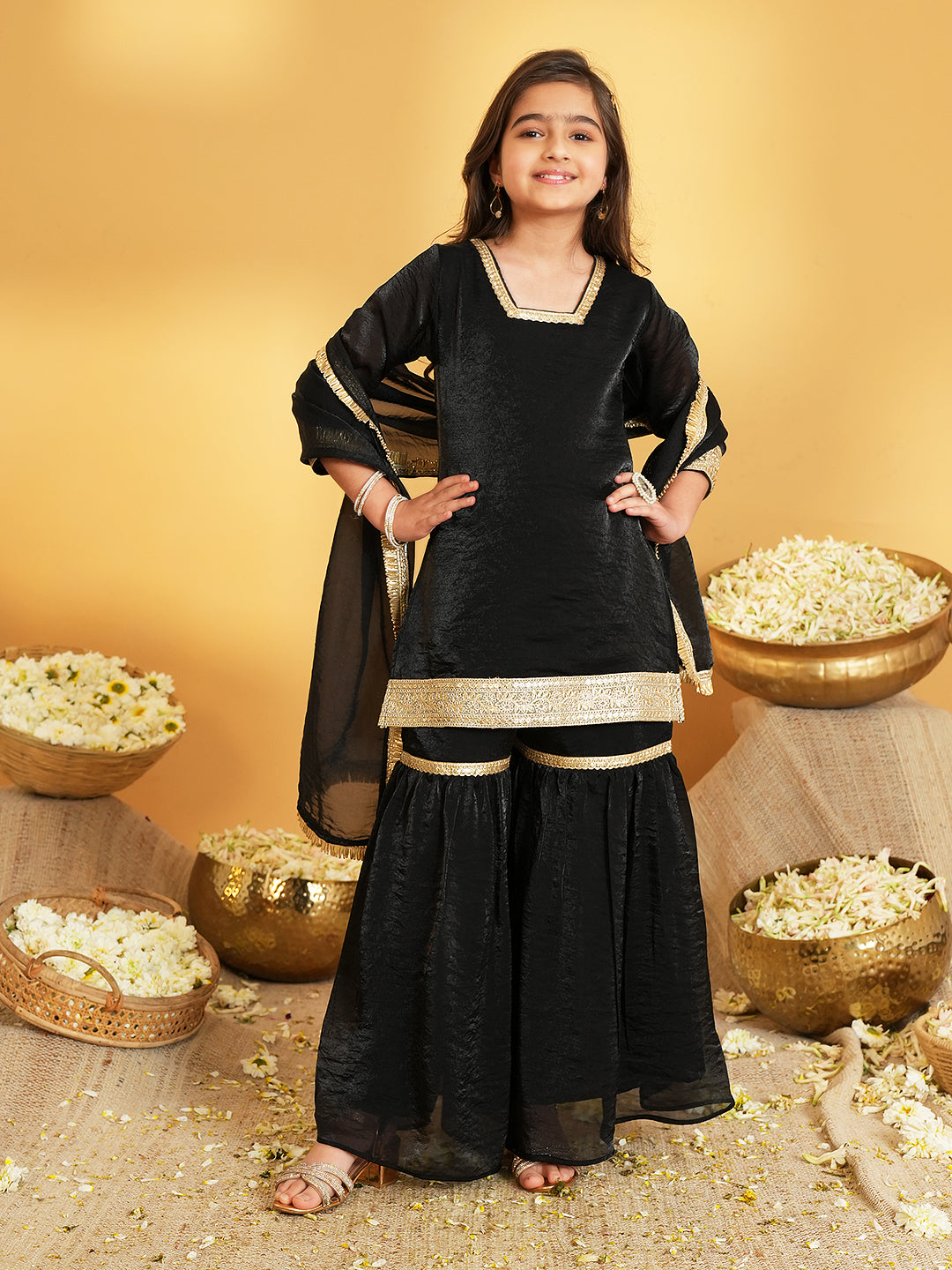 Black Solid with Lace Work Silk blend Kurti Gharara and Dupatta For Girls
