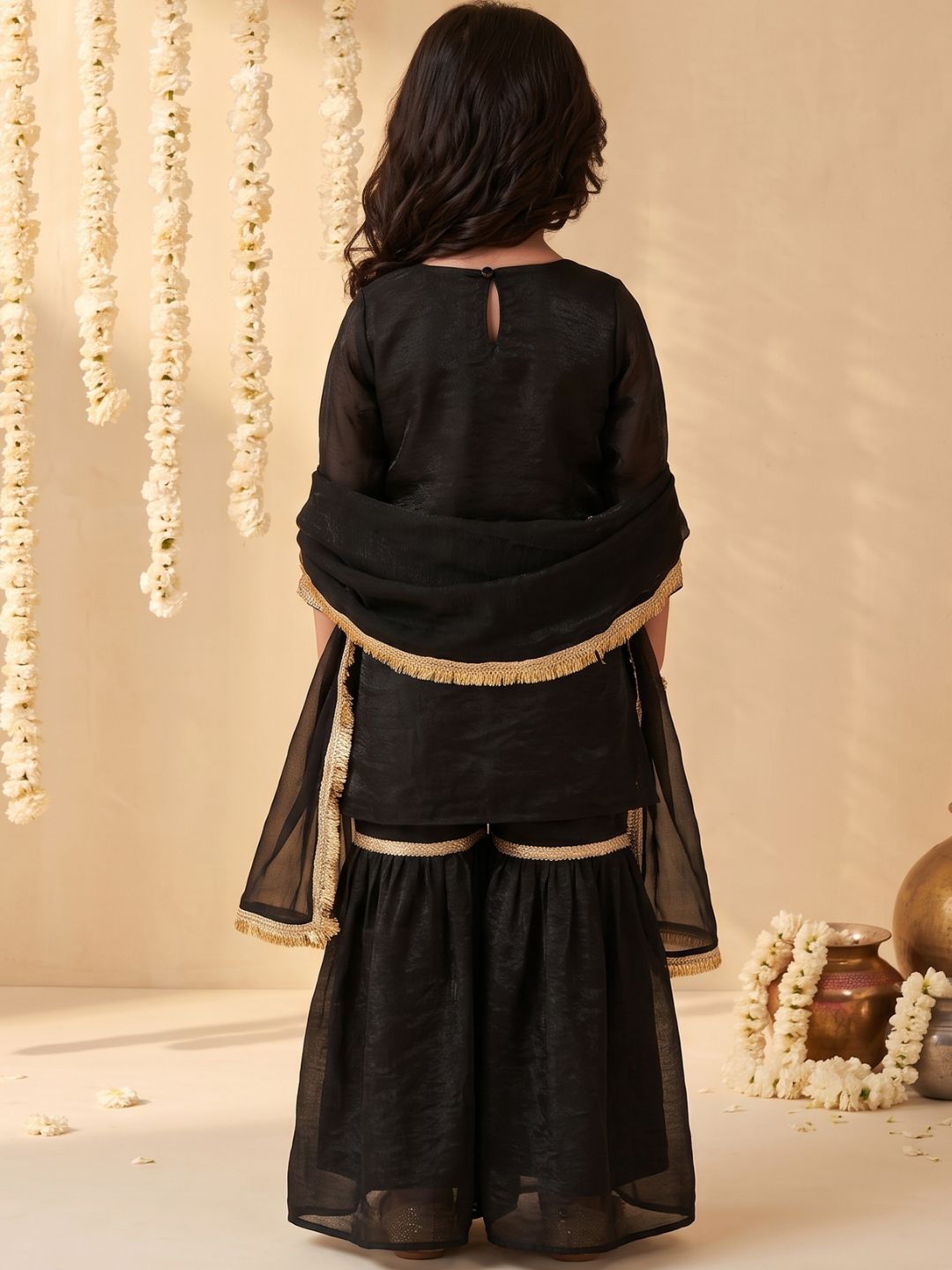 Black Solid with Lace Work Silk blend Kurti Gharara and Dupatta For Girls