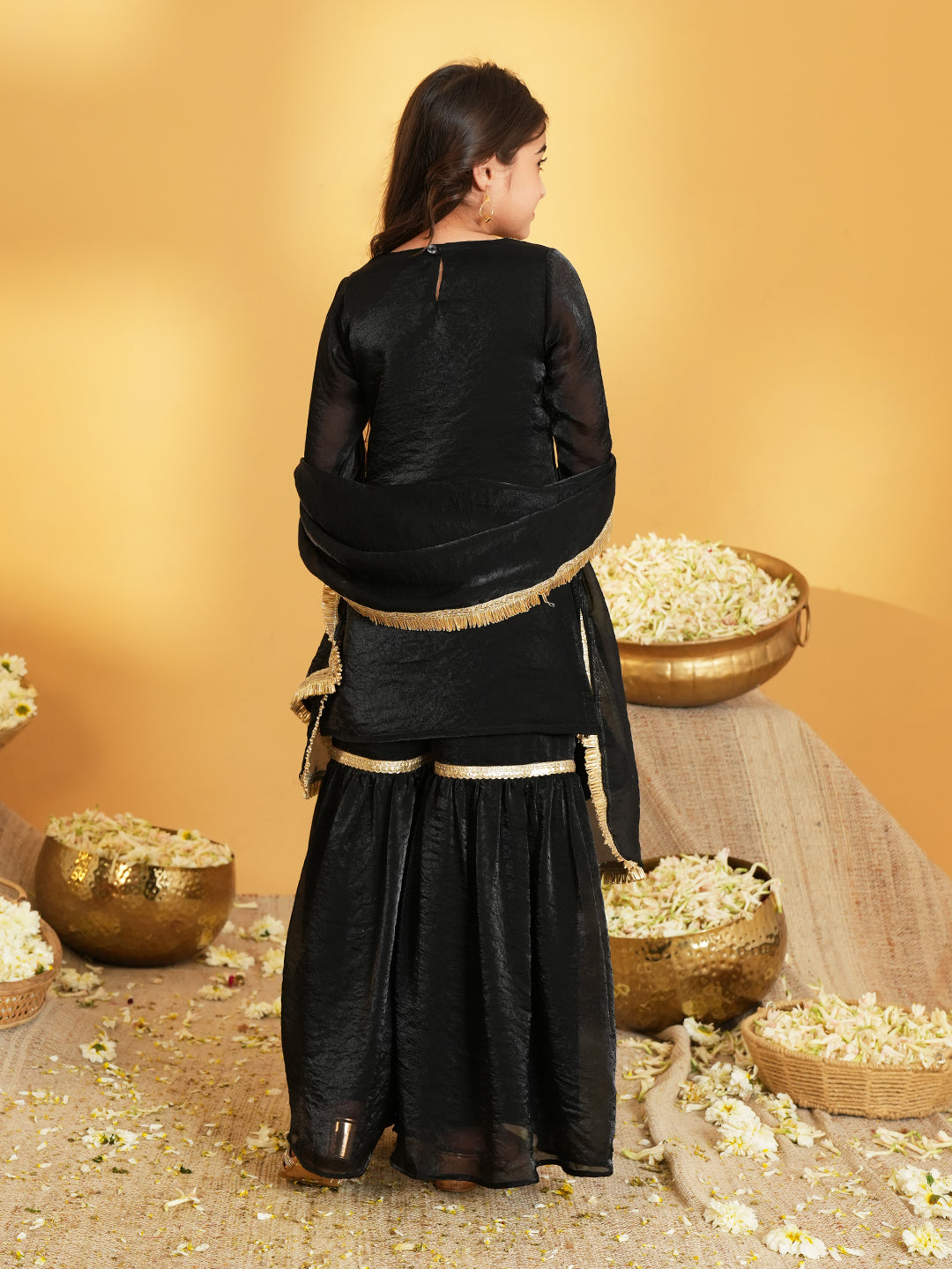 Black Solid with Lace Work Silk blend Kurti Gharara and Dupatta For Girls
