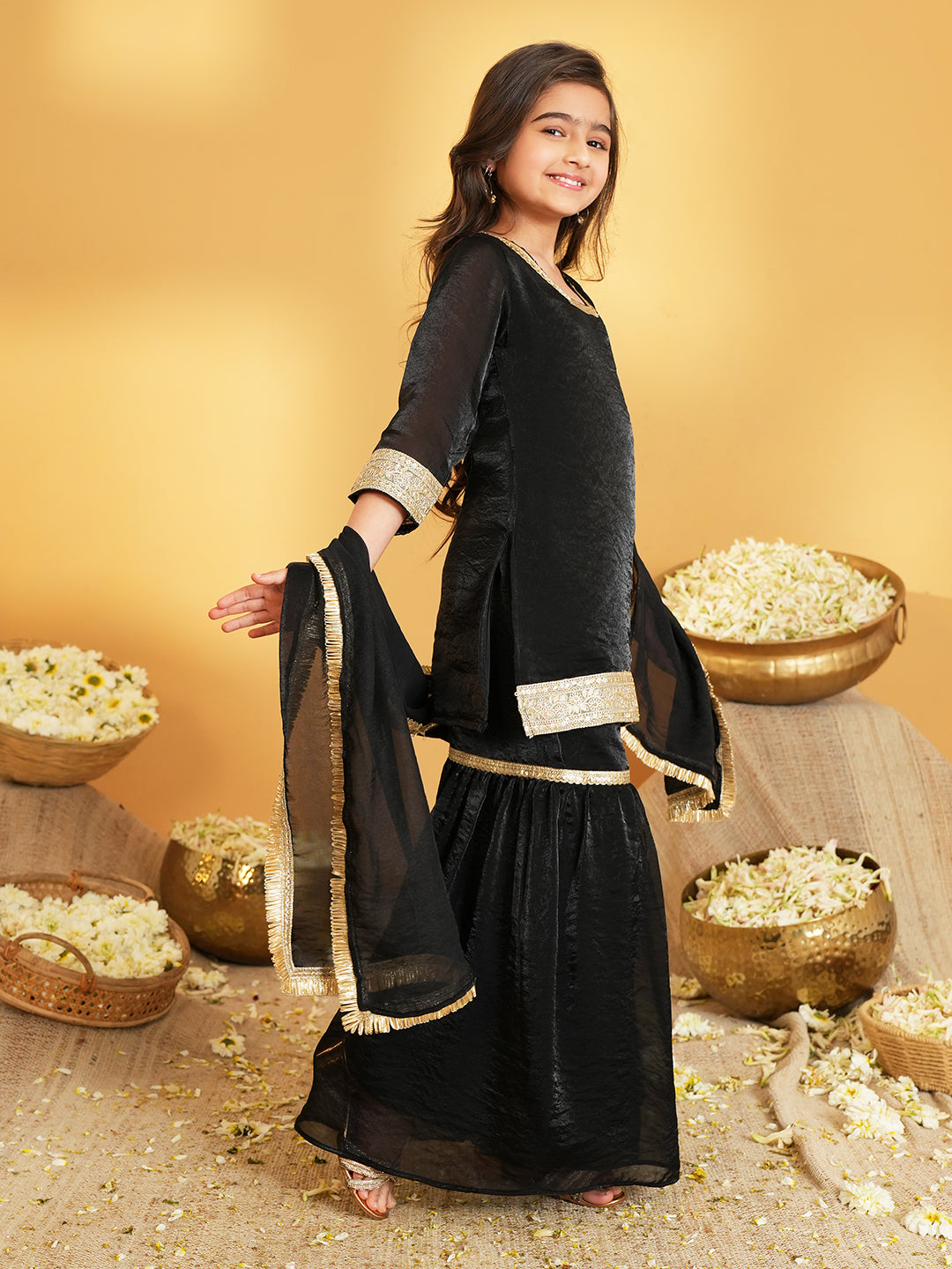 Black Solid with Lace Work Silk blend Kurti Gharara and Dupatta For Girls