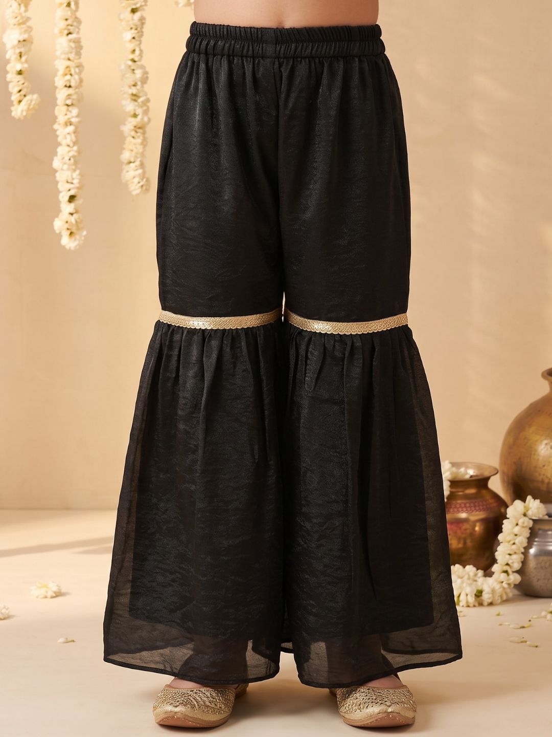 Black Solid with Lace Work Silk blend Kurti Gharara and Dupatta For Girls