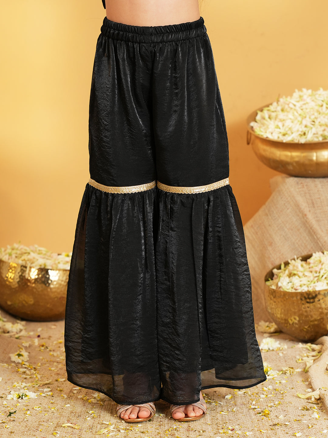 Black Solid with Lace Work Silk blend Kurti Gharara and Dupatta For Girls