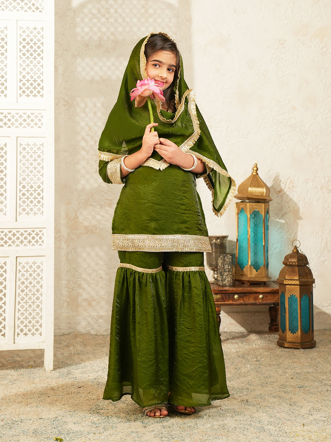 Green Solid with Lace Work Silk blend Kurti Gharara and Dupatta For Girls