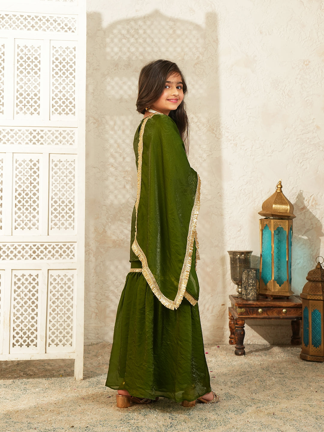 Green Solid with Lace Work Silk blend Kurti Gharara and Dupatta For Girls