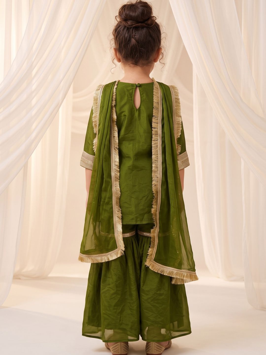 Green Solid with Lace Work Silk blend Kurti Gharara and Dupatta For Girls