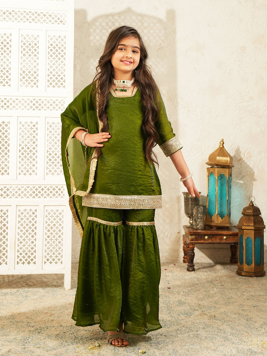 Green Solid with Lace Work Silk blend Kurti Gharara and Dupatta For Girls