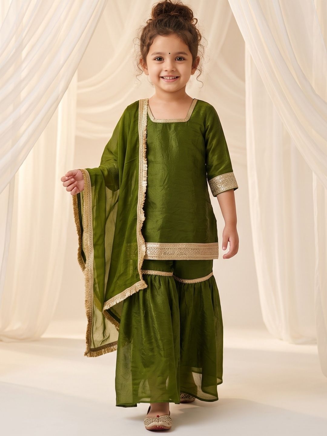 Green Solid with Lace Work Silk blend Kurti Gharara and Dupatta For Girls