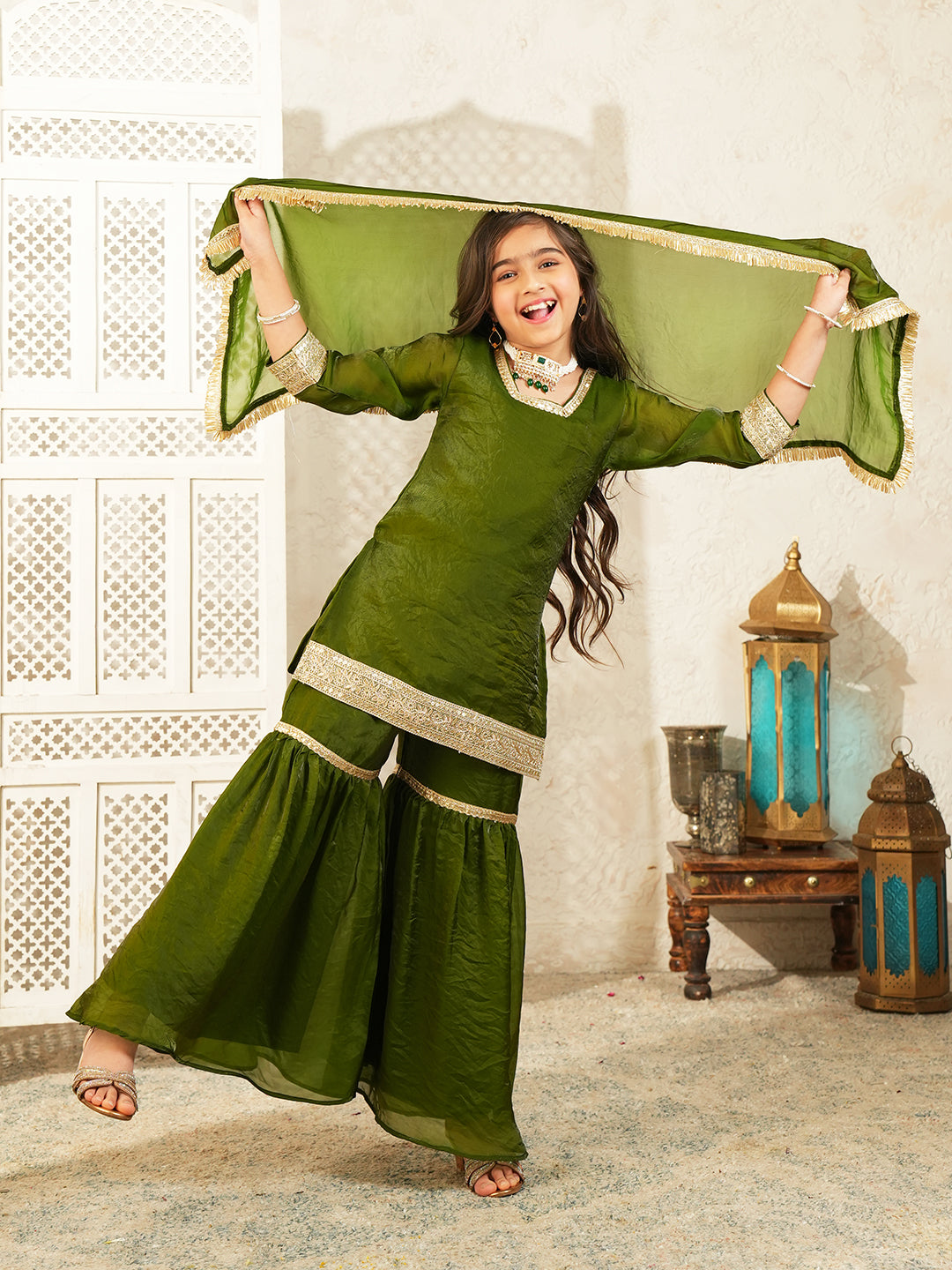 Green Solid with Lace Work Silk blend Kurti Gharara and Dupatta For Girls