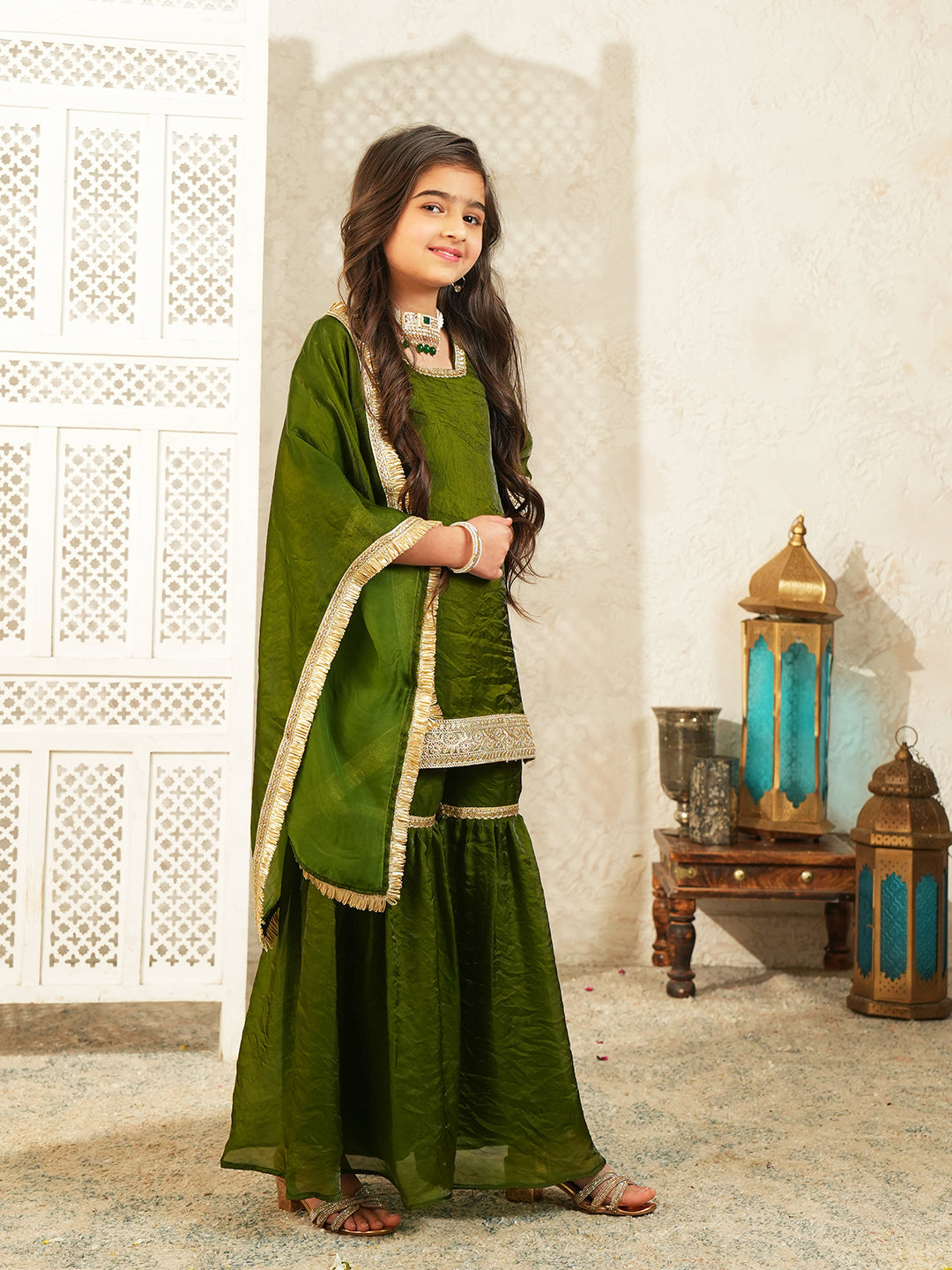 Green Solid with Lace Work Silk blend Kurti Gharara and Dupatta For Girls