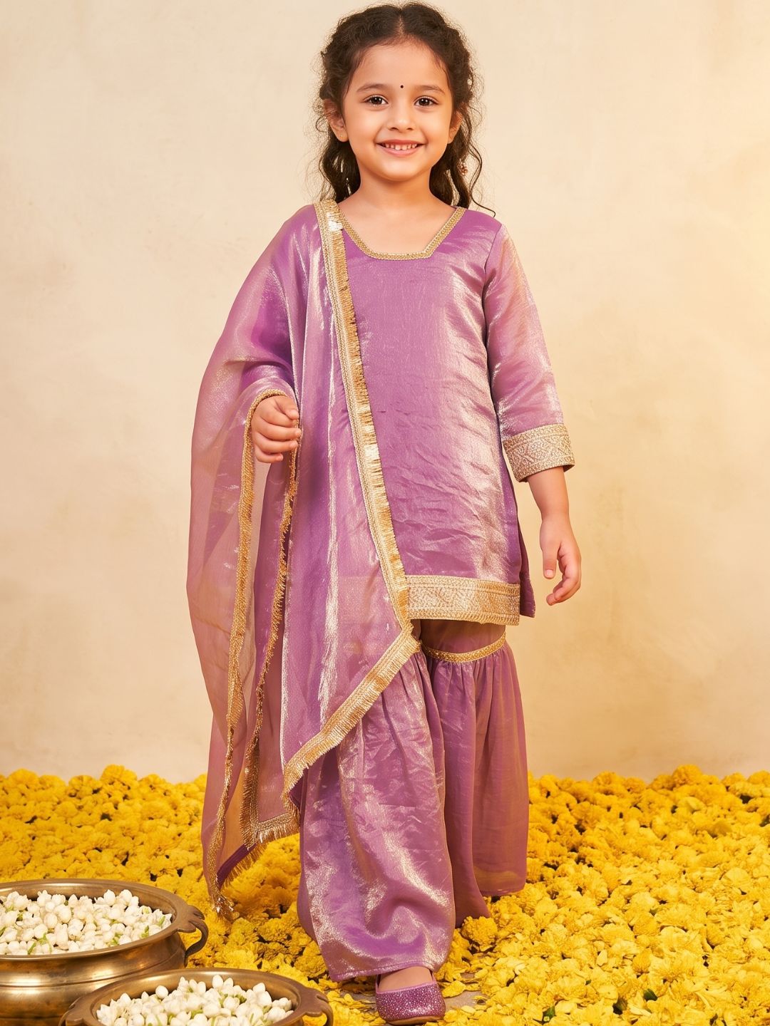 Lavender Solid with Lace Work Silk blend Kurti Gharara and Dupatta For Girls