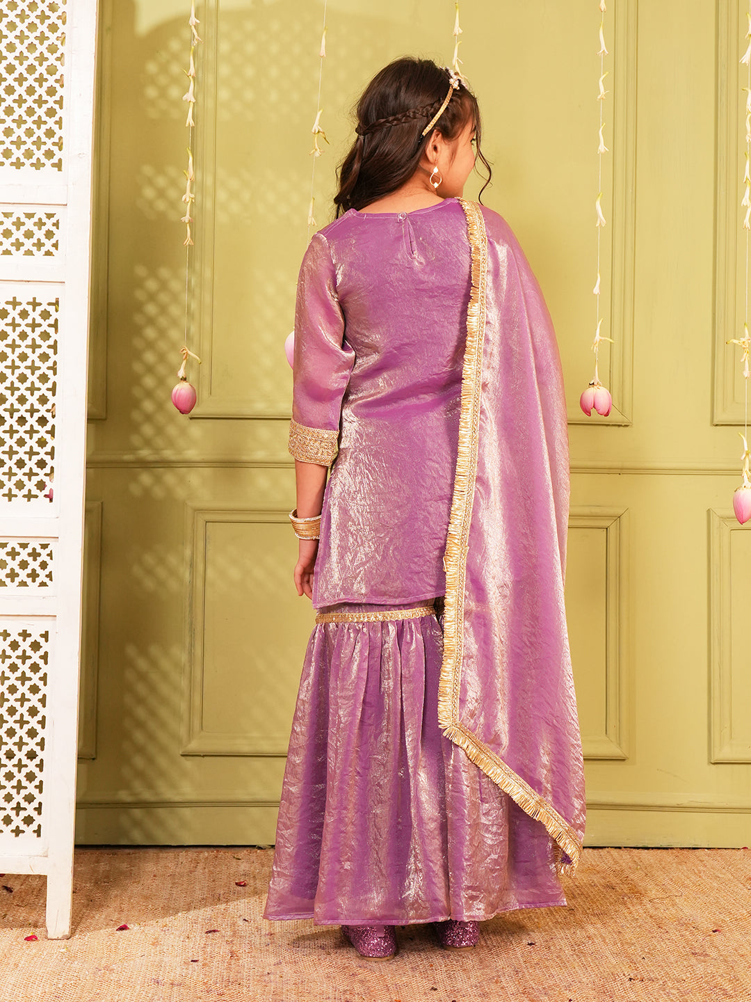 Lavender Solid with Lace Work Silk blend Kurti Gharara and Dupatta For Girls