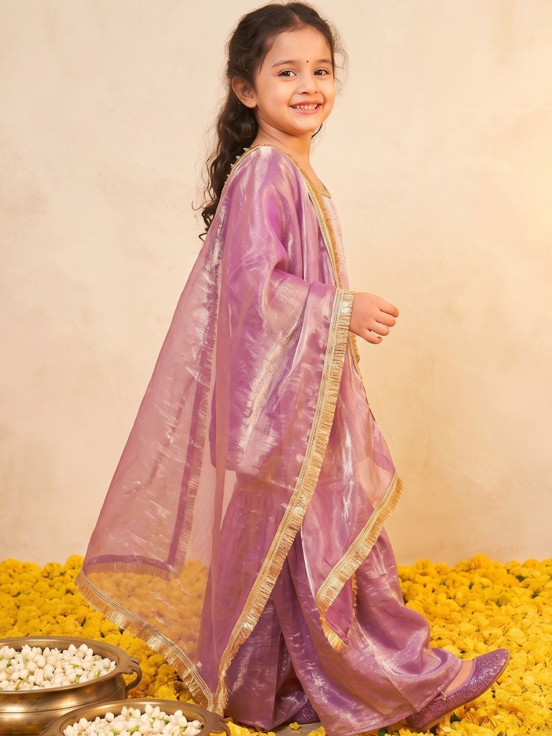 Lavender Solid with Lace Work Silk blend Kurti Gharara and Dupatta For Girls