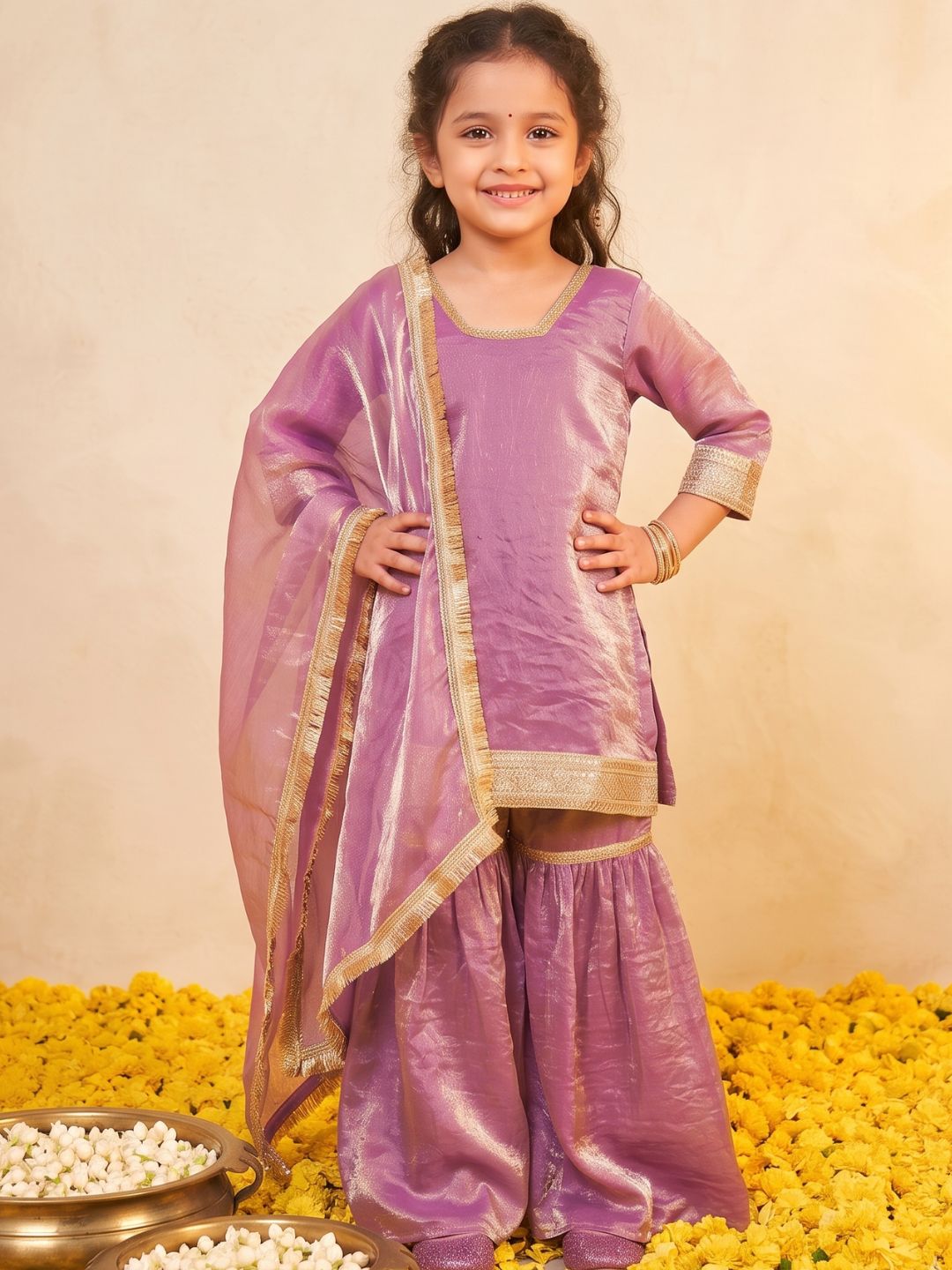 Lavender Solid with Lace Work Silk blend Kurti Gharara and Dupatta For Girls