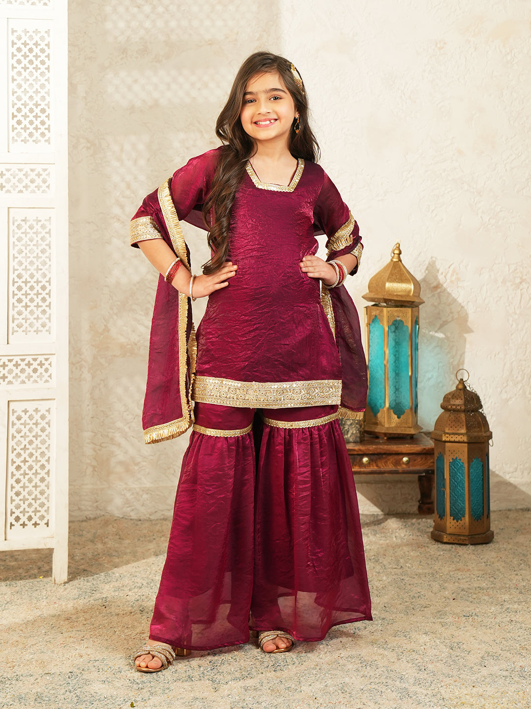 Wine Solid with Lace Work Silk blend Kurti Gharara and Dupatta For Girls