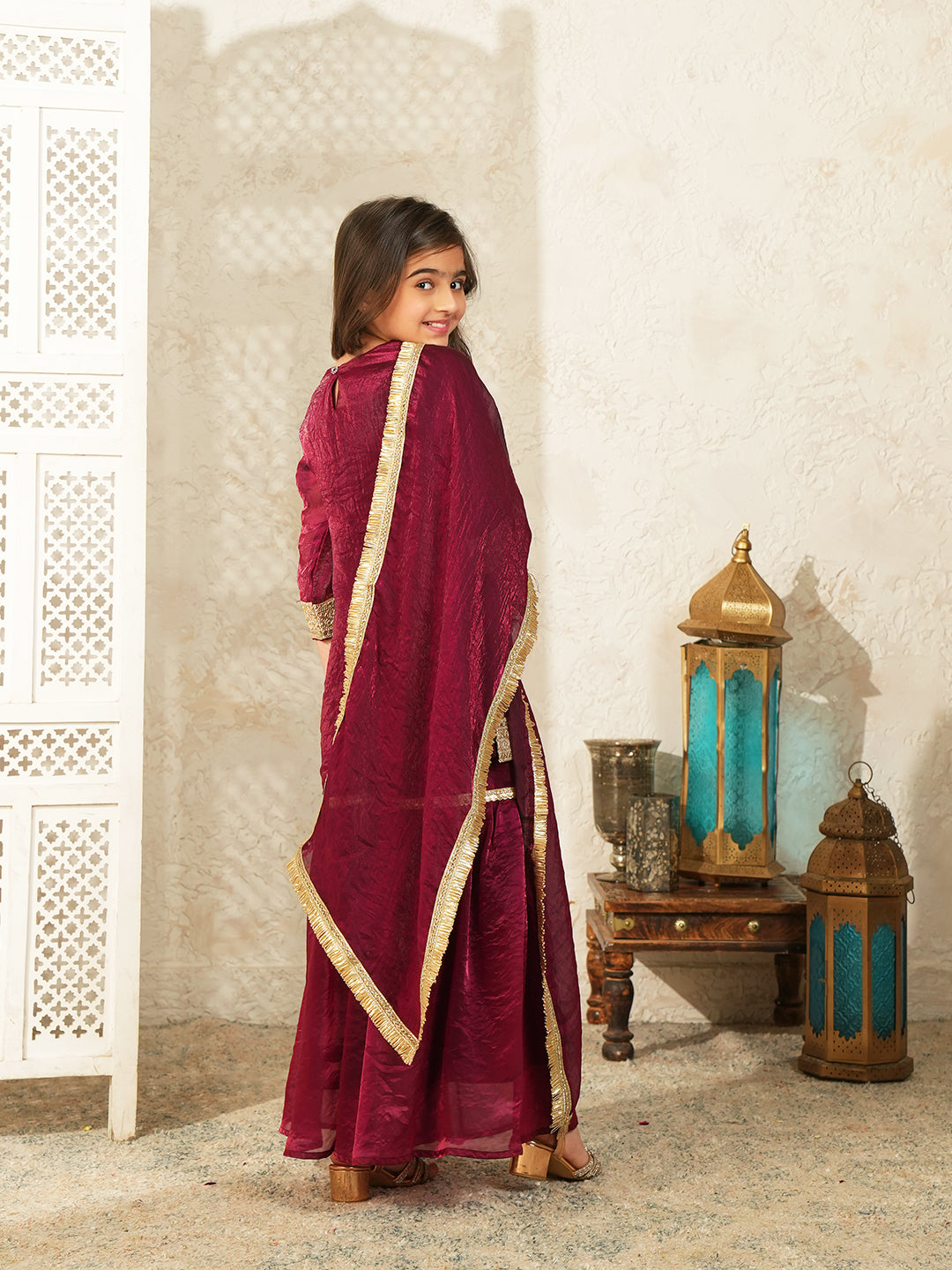 Wine Solid with Lace Work Silk blend Kurti Gharara and Dupatta For Girls
