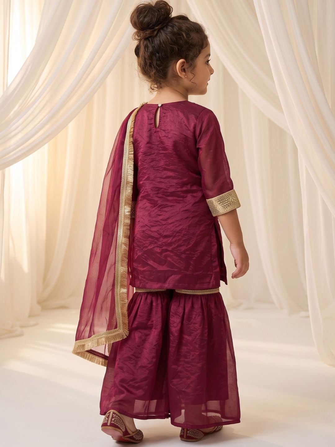 Wine Solid with Lace Work Silk blend Kurti Gharara and Dupatta For Girls