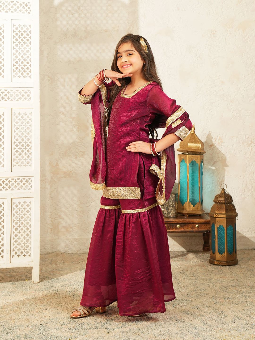 Wine Solid with Lace Work Silk blend Kurti Gharara and Dupatta For Girls