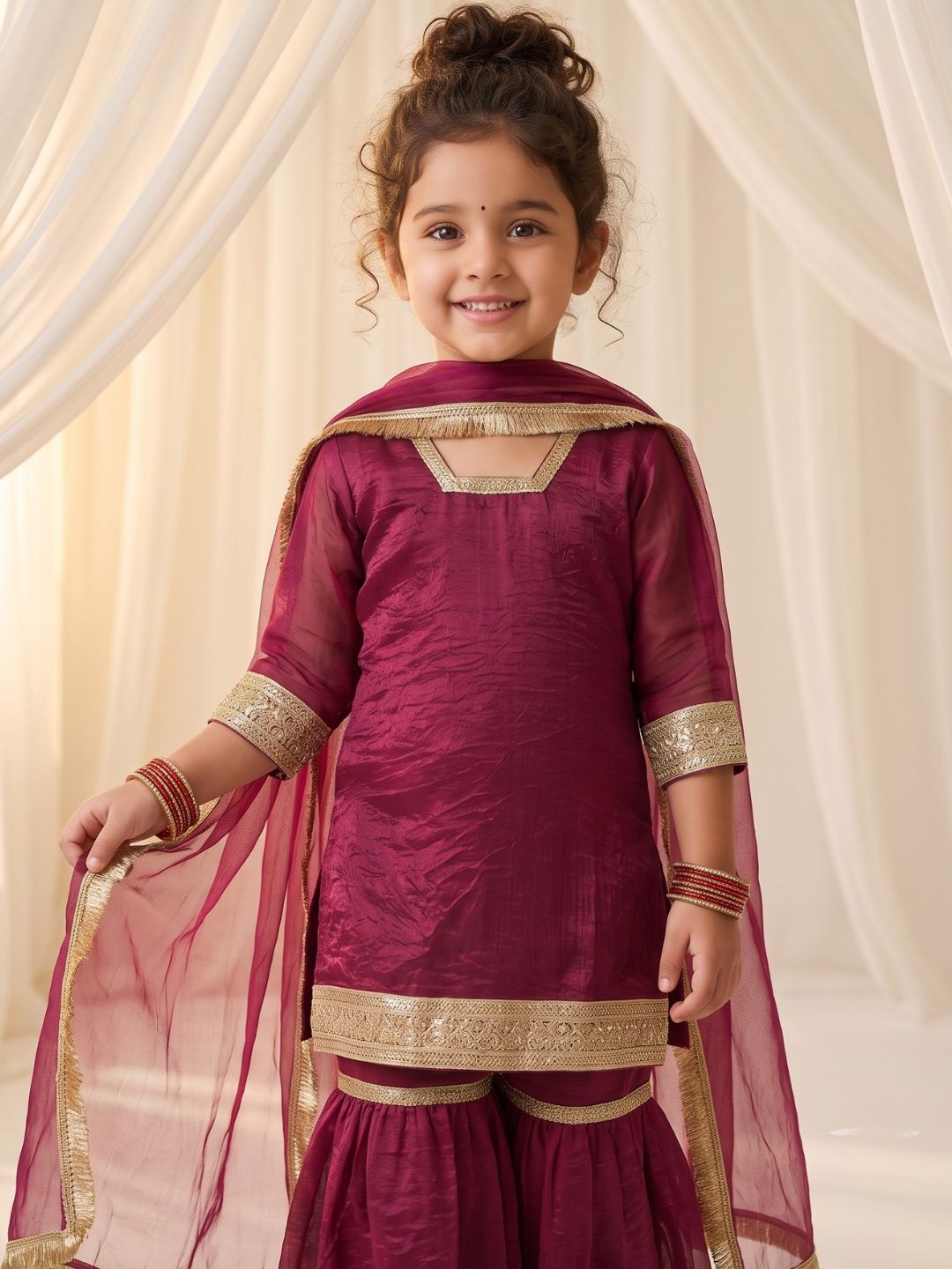 Wine Solid with Lace Work Silk blend Kurti Gharara and Dupatta For Girls