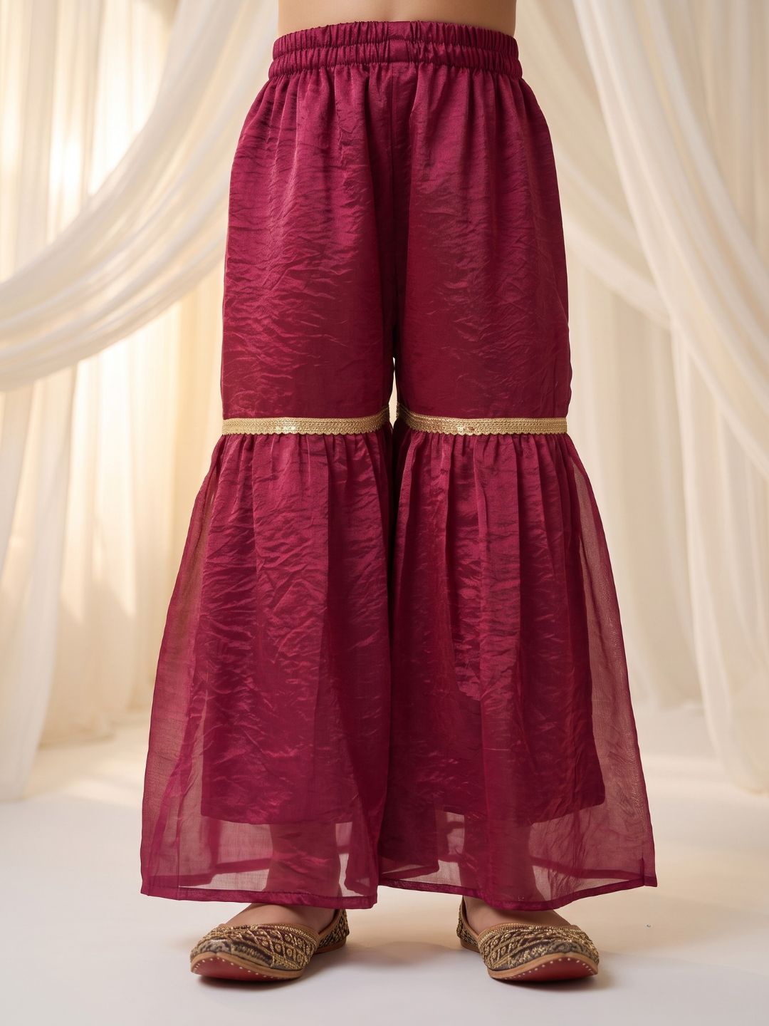 Wine Solid with Lace Work Silk blend Kurti Gharara and Dupatta For Girls