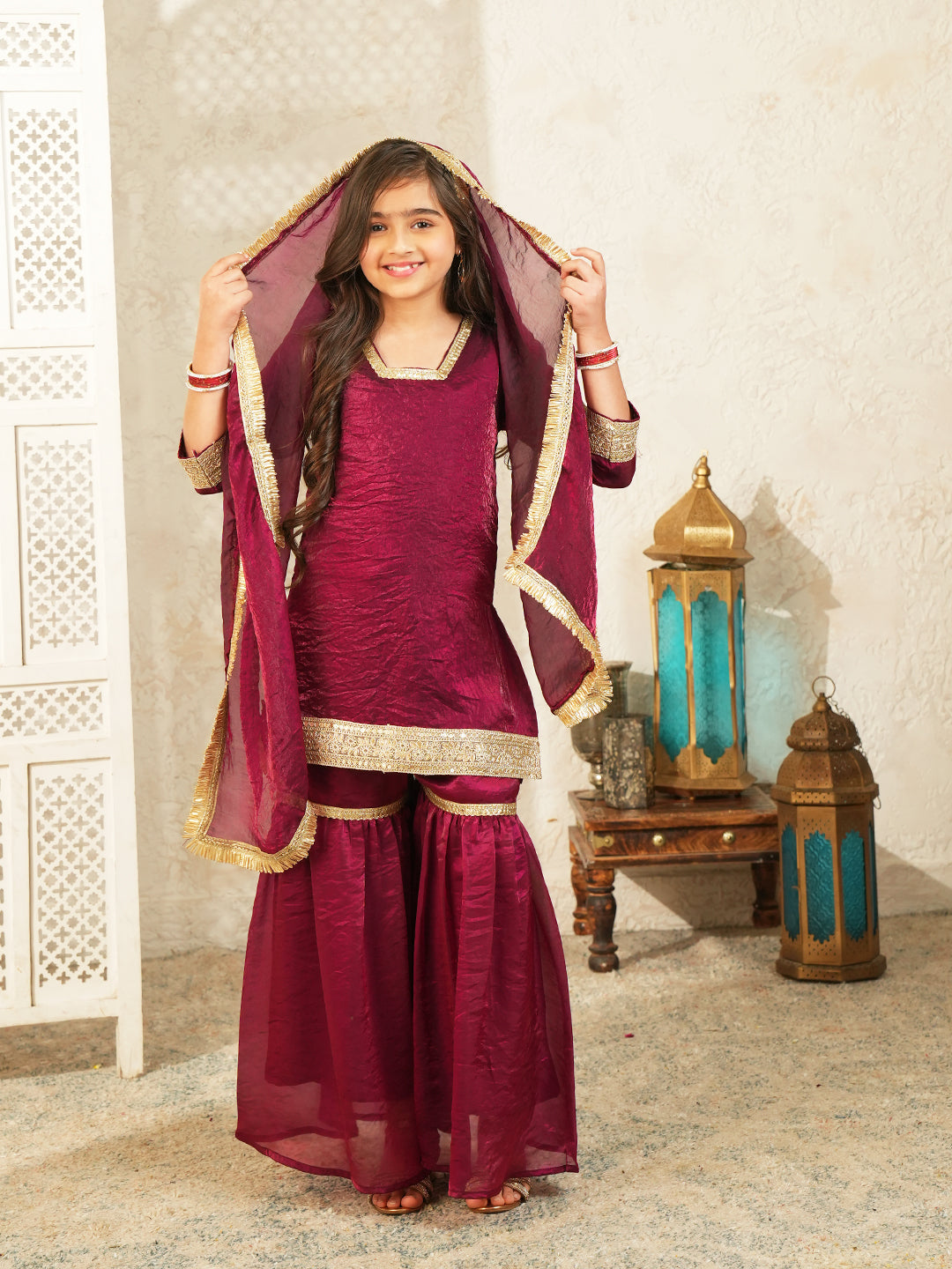 Wine Solid with Lace Work Silk blend Kurti Gharara and Dupatta For Girls