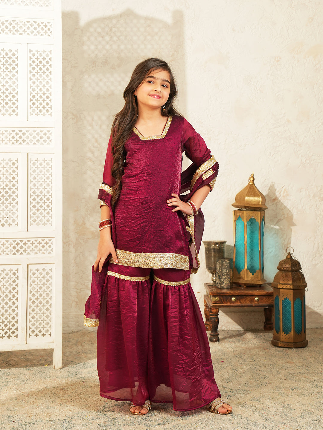 Wine Solid with Lace Work Silk blend Kurti Gharara and Dupatta For Girls