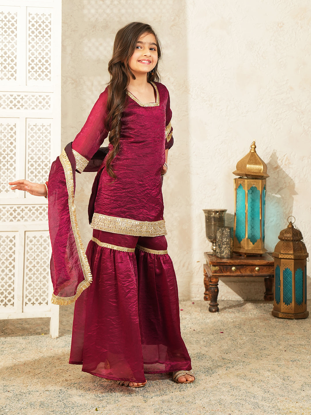 Wine Solid with Lace Work Silk blend Kurti Gharara and Dupatta For Girls