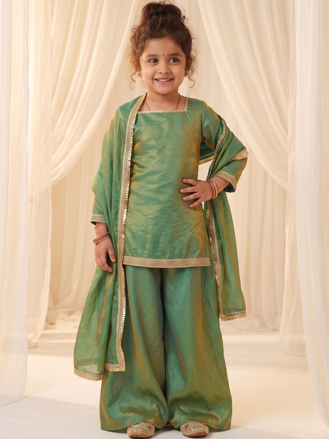 Green Two toned with Lace Work Silk blend Kurti Gharara and Dupatta For Girls