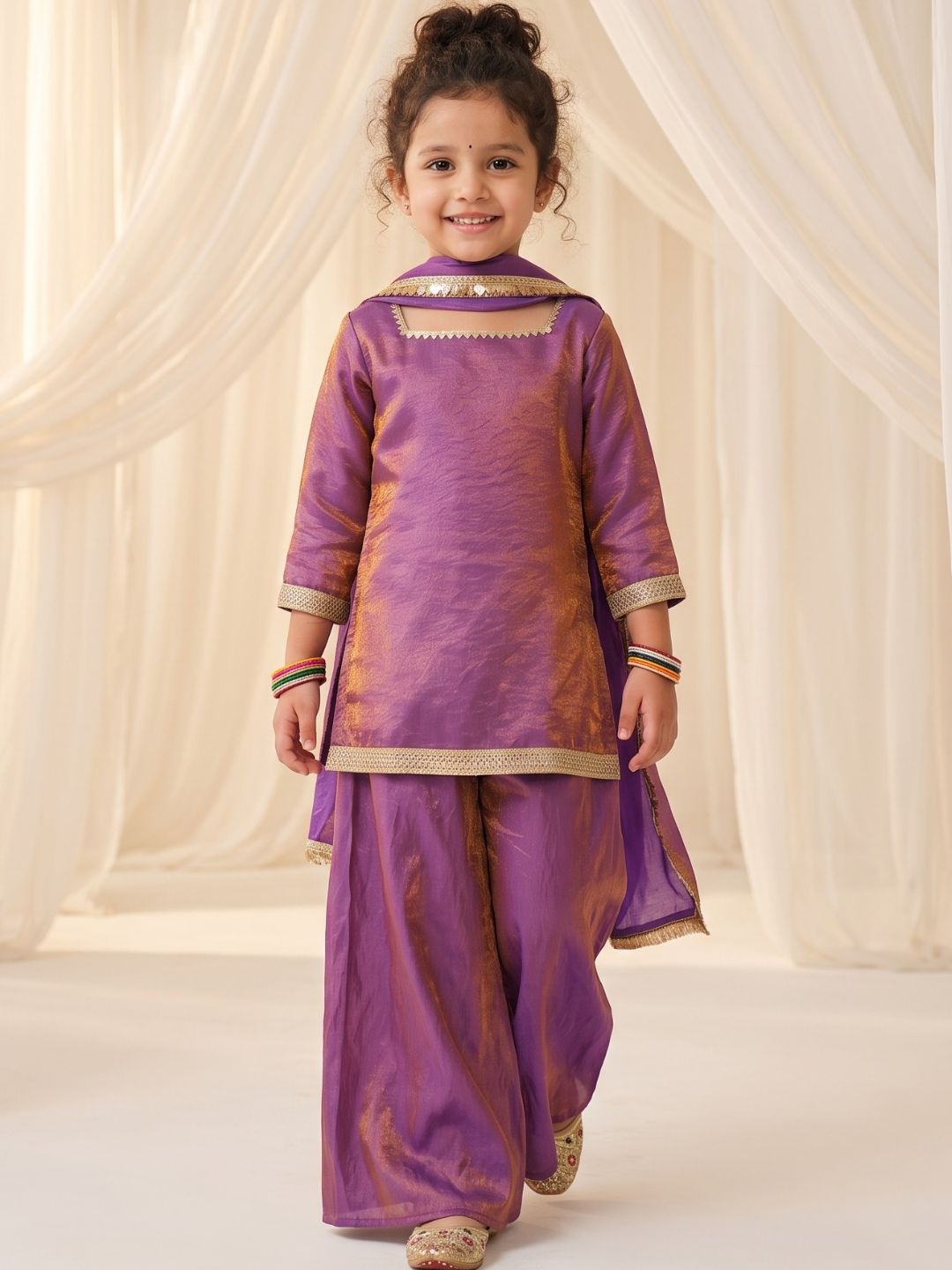 Purple Two toned with Lace Work Silk blend Kurti Gharara and Dupatta For Girls