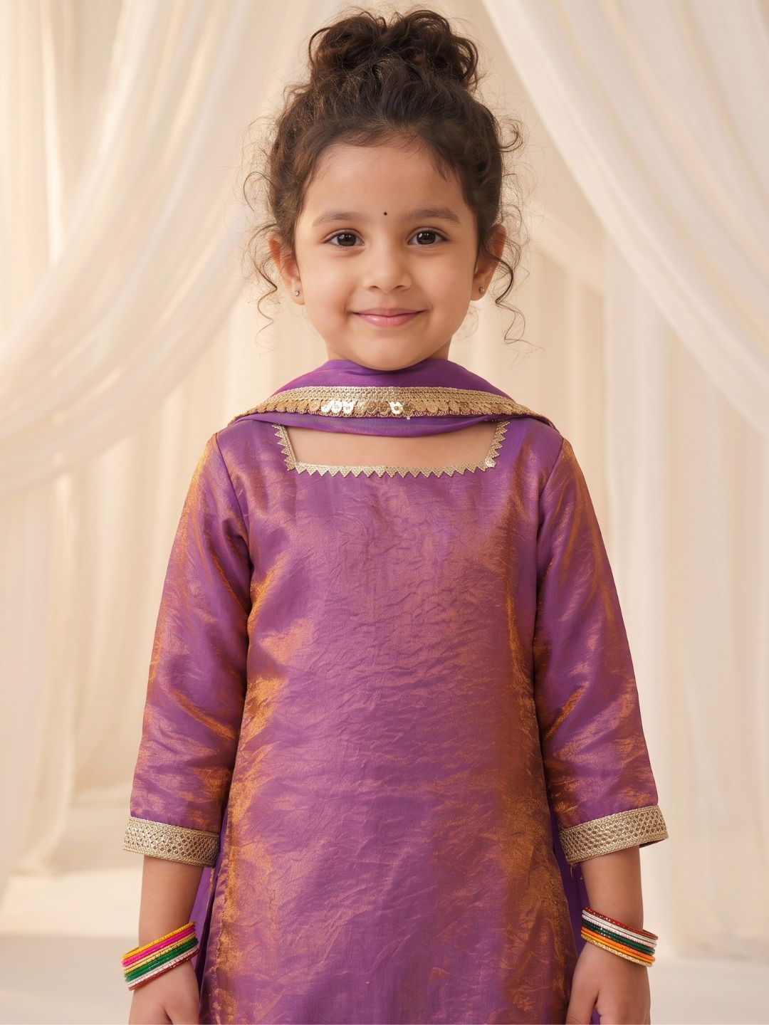 Purple Two toned with Lace Work Silk blend Kurti Gharara and Dupatta For Girls