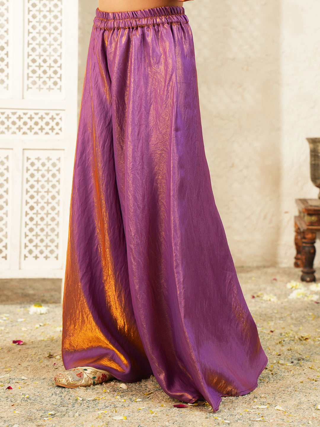 Purple Two toned with Lace Work Silk blend Kurti Gharara and Dupatta For Girls