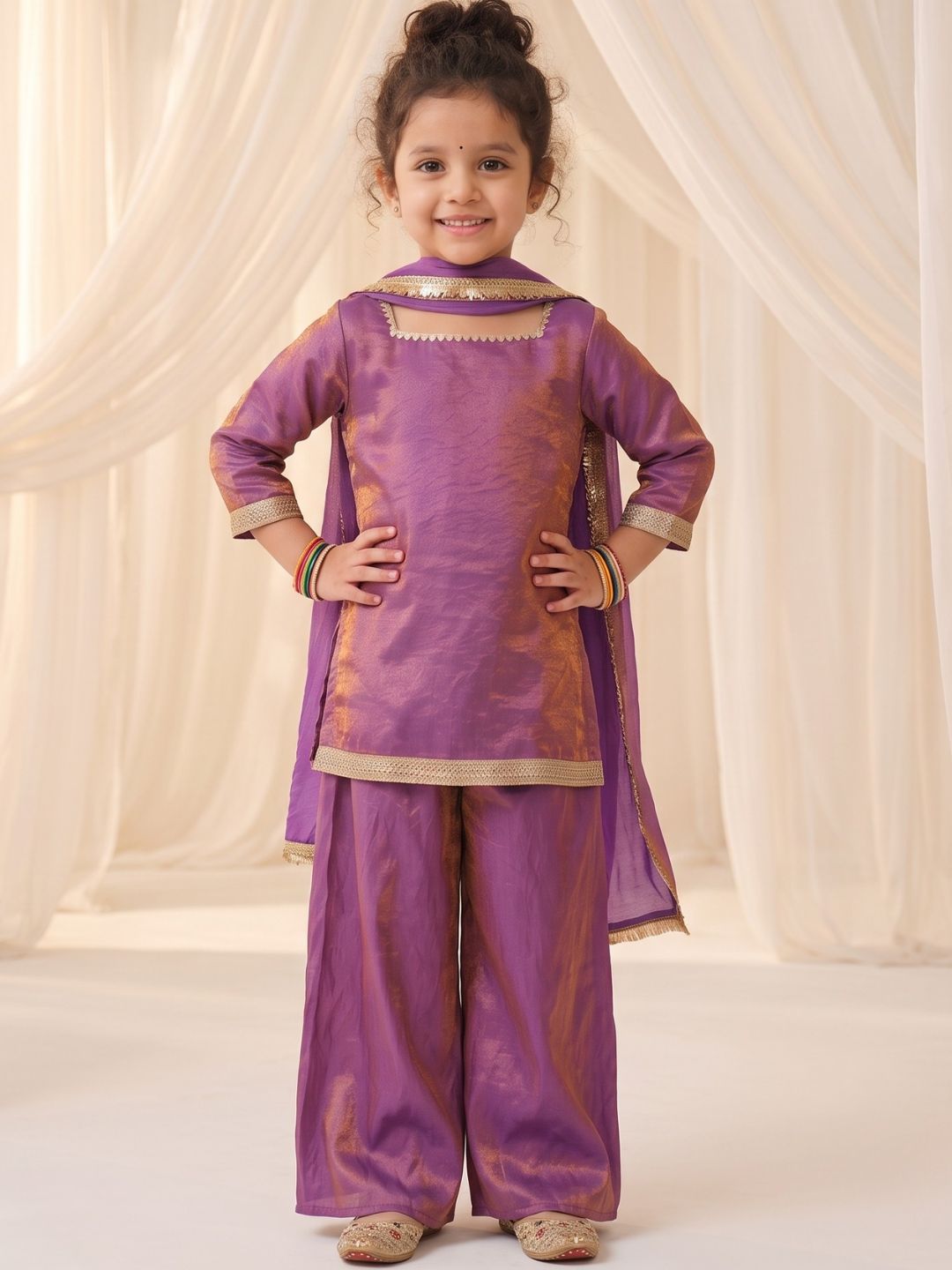 Purple Two toned with Lace Work Silk blend Kurti Gharara and Dupatta For Girls