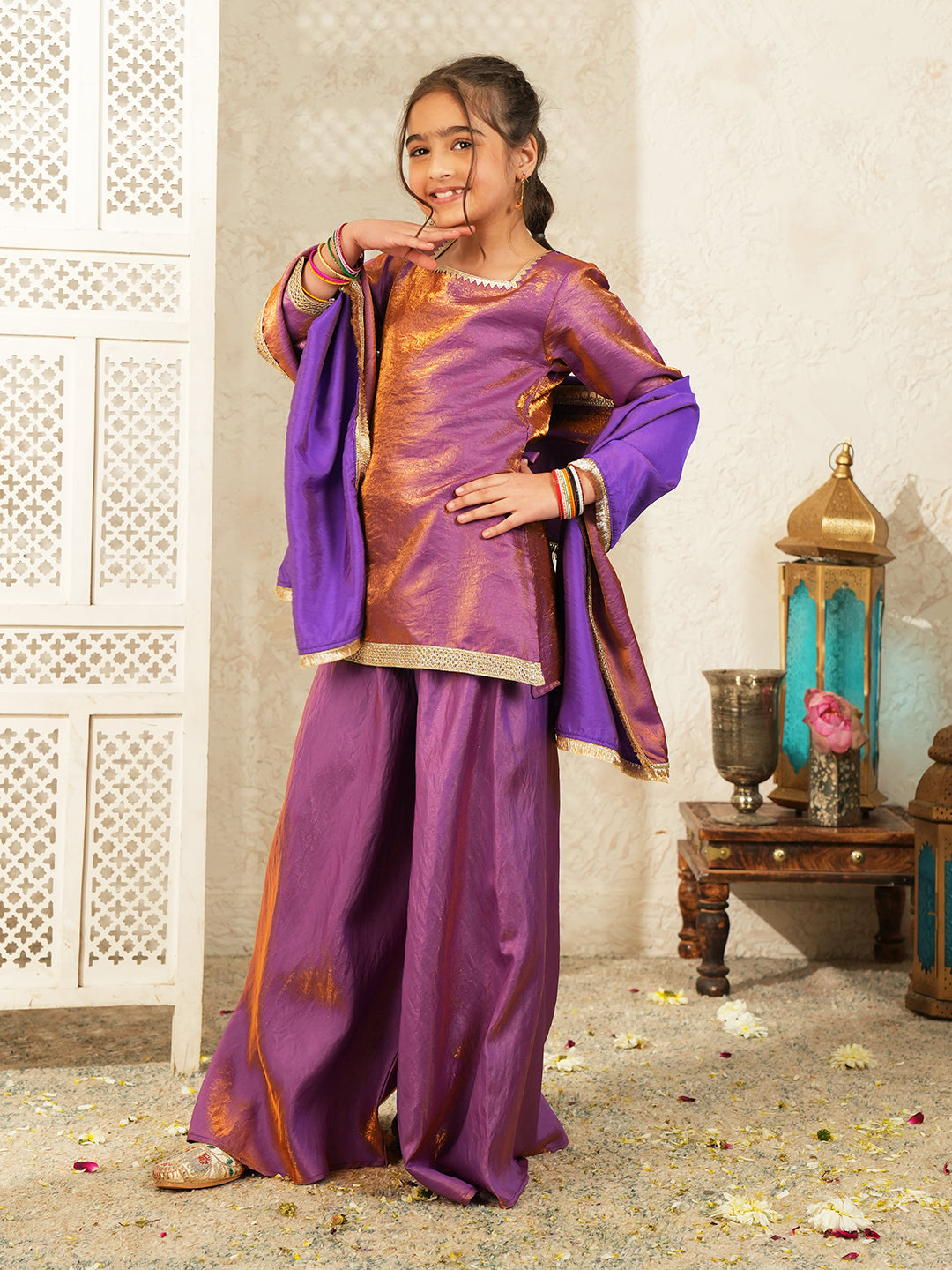 Purple Two toned with Lace Work Silk blend Kurti Gharara and Dupatta For Girls